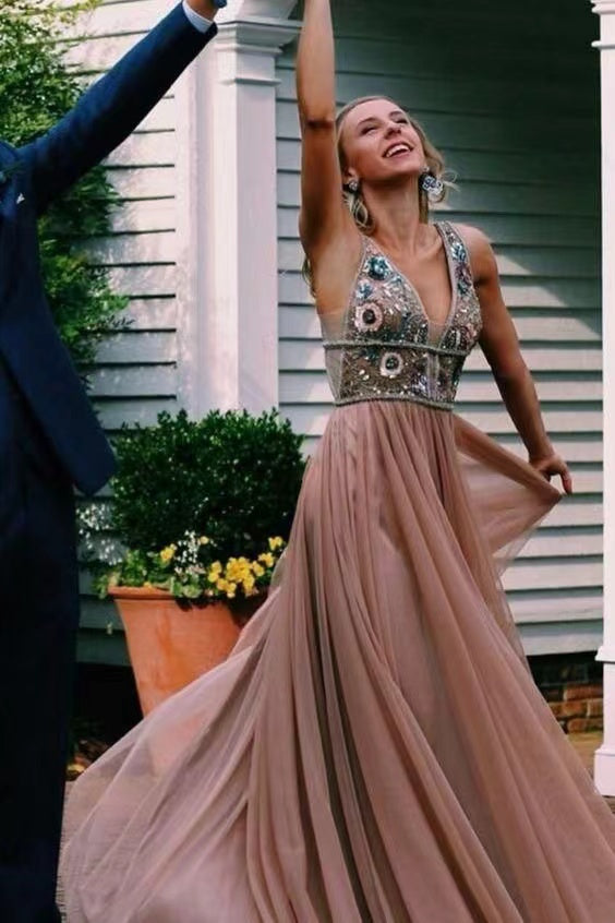 Deep V Neck Prom Dresses with Appliques Lace Flowers