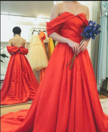 Off Shoulder Orange Prom Dresses Evening Gown