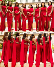 Laden Sie das Bild in den Galerie-Viewer, One Shoulder Bridesmaid Dresses Slit Side Red