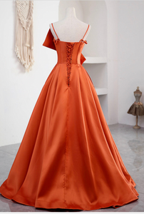 Spaghetti Straps Orange Prom Dresses with Bowknot