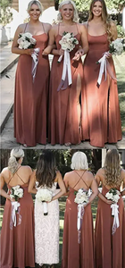 Sage Bridesmaid Dresses Spaghetti Straps Slit Side Criss Cross