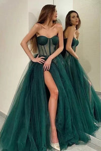 Green Prom Dresses Slit Side Corset