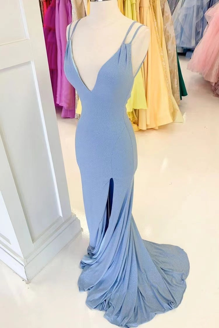 Dusty Blue Prom Dresses Slit Side