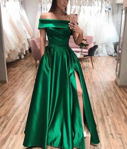 Emerald Green Slit Prom Dresses