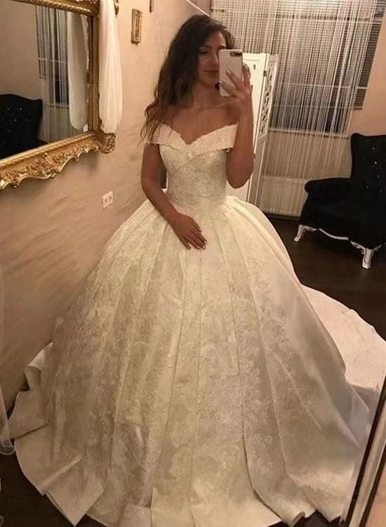 Off Shoulder Wedding Dresses Bridal Gown with Appliques Lace