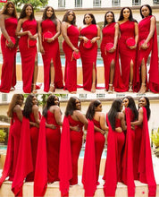 Cargar imagen en el visor de la galería, One Shoulder Red Bridesmaid Dresses with Split Side