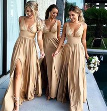 Load image into Gallery viewer, Elegant V Neck Champagne Split Side Bridesmaid Dresses