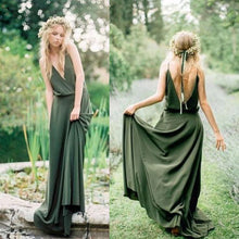 Load image into Gallery viewer, Sweep Train Boho Olive Green V Neck Bridesmaid Dresses