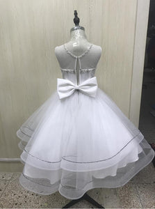 Sheer Neck Floor Length Flower Girl Dresses with Rhinestones