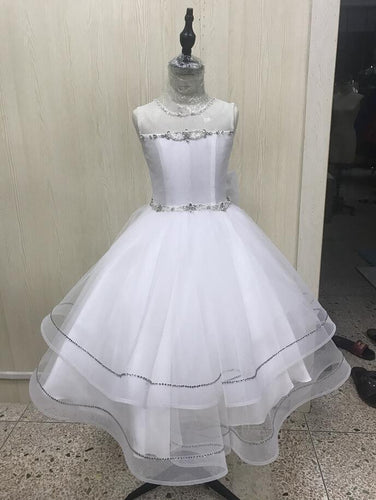 Sheer Neck Floor Length Flower Girl Dresses with Rhinestones