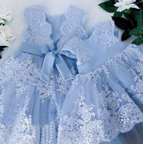 Cute Knee Length Cap Sleeves Sky Blue Flower Girl Dresses with Appliques
