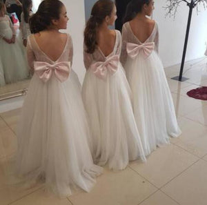 V Back Tulle Flower Girl Dresses with Bowknot for Wedding