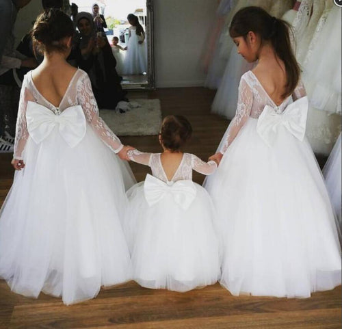 V Back Tulle Flower Girl Dresses with Bowknot for Wedding
