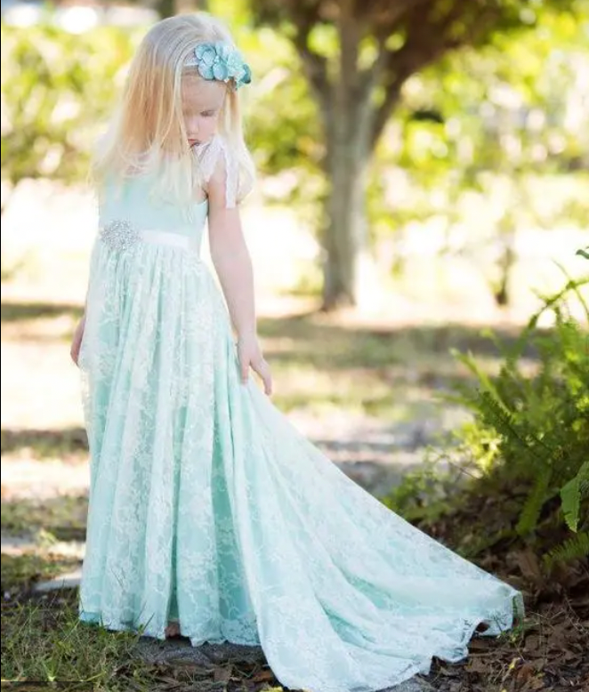 Flower Girl Dresses Lace Waist with Rhinestones