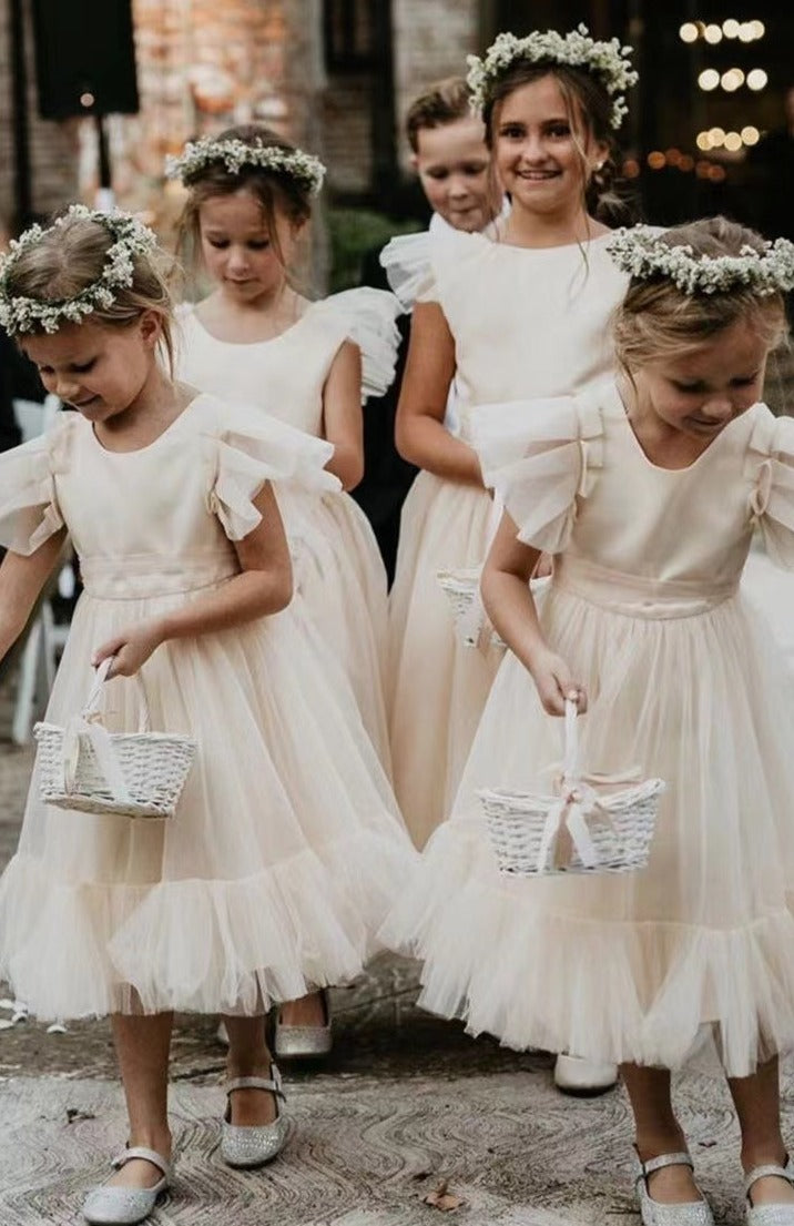 Tea Length Flower Girl Dresses Cap Sleeves