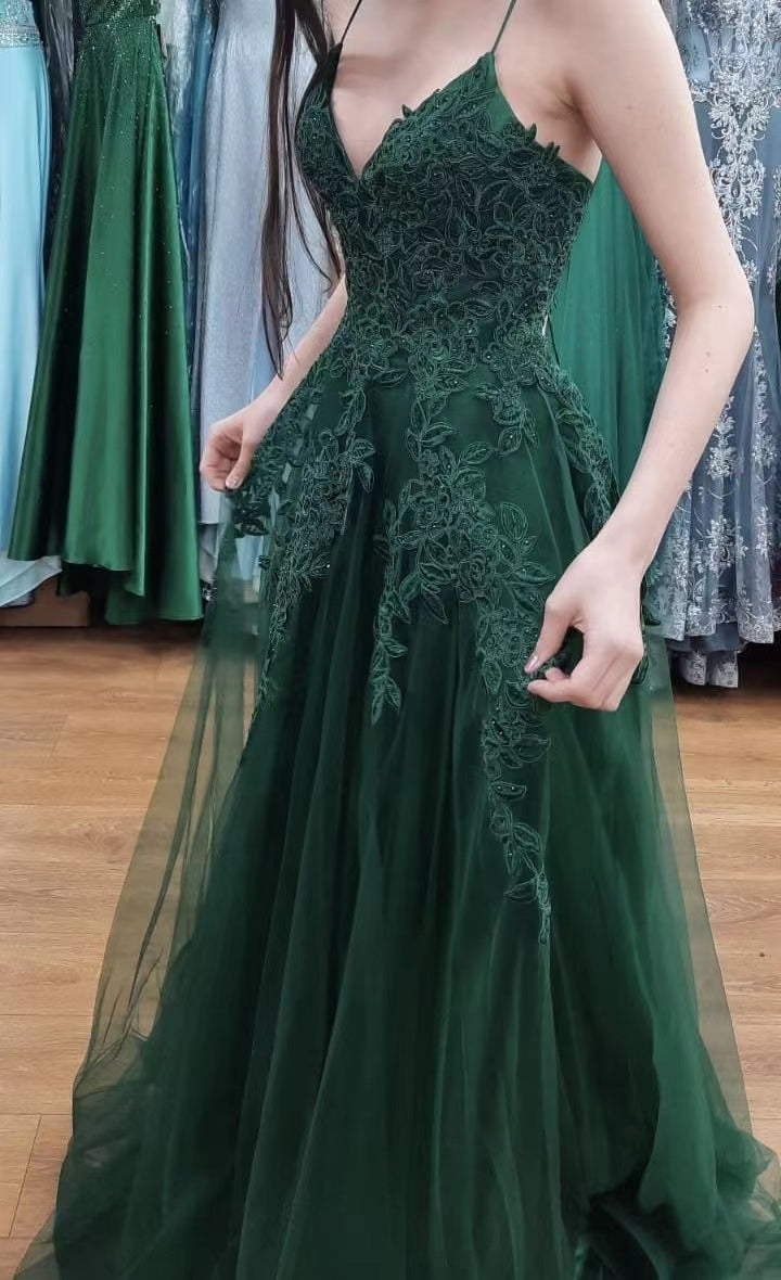 Forest Green Prom Dresses with Lace Appliques