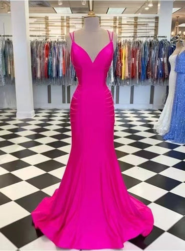 Fuchsia Prom Dresses Spaghetti Straps Criss Cross