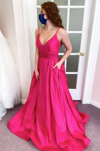 Fuchsia Prom Dresses Spaghetti Straps with Pockets