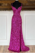 Load image into Gallery viewer, Spaghetti Straps Sequins Prom Dresses Fuchsia