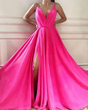 Charger l&#39;image dans la galerie, Fuchsia Prom Dresses Slit Side Spaghetti Straps