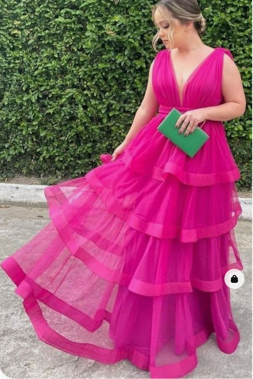 Fuchsia Prom Dresses V Neck Tulle