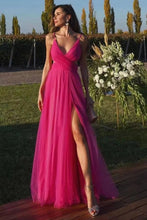 Charger l&#39;image dans la galerie, Fuchsia Prom Dresses Slit Side Spaghetti Straps Floor Length