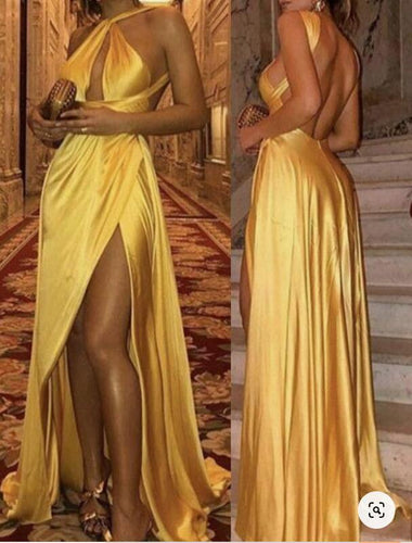 Gold Slit Prom Dresses Backless