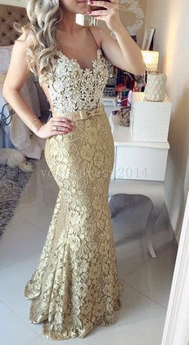 Gold Lace Prom Dresses with Sash
