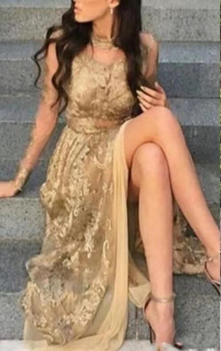 Gold Prom Dresses Slit Side with Lace