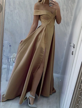 Load image into Gallery viewer, Off Shoulder Olive Green Slit Side Prom Dresses for Women