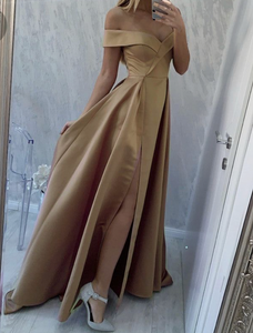 Off Shoulder Olive Green Slit Side Prom Dresses for Women