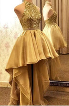 Load image into Gallery viewer, Hi Low Gold High Neck Prom Dresses