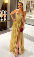 Laden Sie das Bild in den Galerie-Viewer, Gold Sequins Prom Dresses with Slit Side Corset