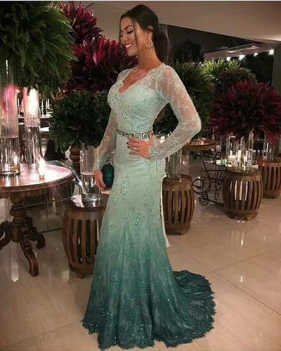 Gradient Ombre  Prom Dresses Lace with Sleeves