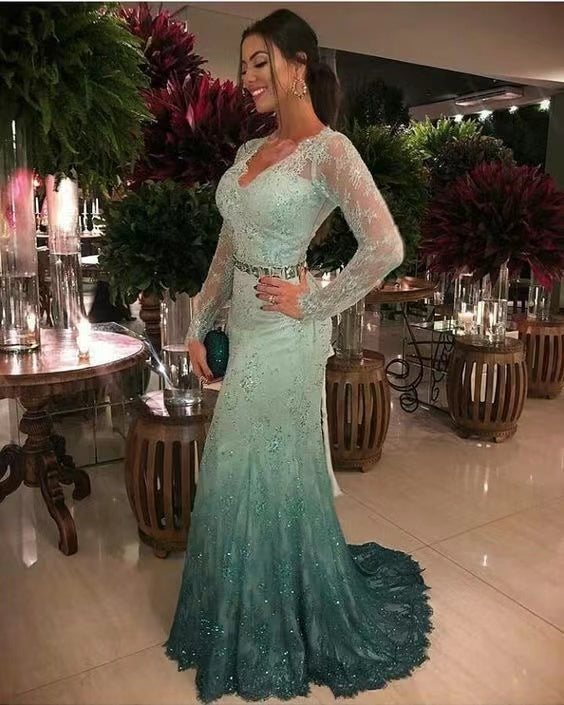 Gradient Ombre  Prom Dresses Lace with Sleeves