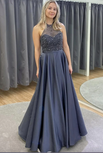 Halter Gray Prom Dresses with Rhinestones Beaded