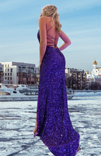 Load image into Gallery viewer, Grape Prom Dresses Slit Side Criss Cross Sequins