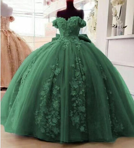 Ball Gown Green Prom Dresses Pageant Gown with Appliques