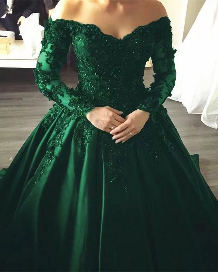 Off Shoulder Prom Dresses V Neck with Lace Appliuqes Sleeves