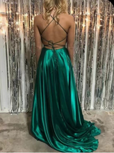 Load image into Gallery viewer, Spaghetti Straps Prom Dresses Green Slit Side Criss Cross