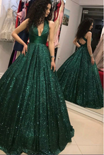 Cargar imagen en el visor de la galería, Sparkly Dark Green Prom Dresses Halter Floor Length