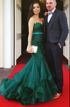 Load image into Gallery viewer, Dark Green Mermaid Red Prom Dresses with Beading