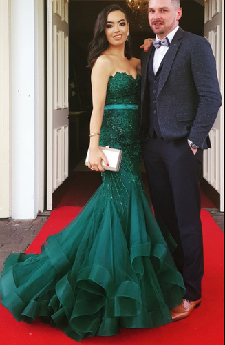 Dark Green Mermaid Red Prom Dresses with Beading