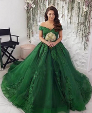 Load image into Gallery viewer, Green Off Shoulder Green Prom Dresses Princess Gown