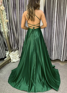 V Neck Dark Green Prom Dresses Slit