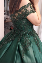 Charger l&#39;image dans la galerie, Forest Green Prom Dresses Off Shoulder with Lace Princess Gown