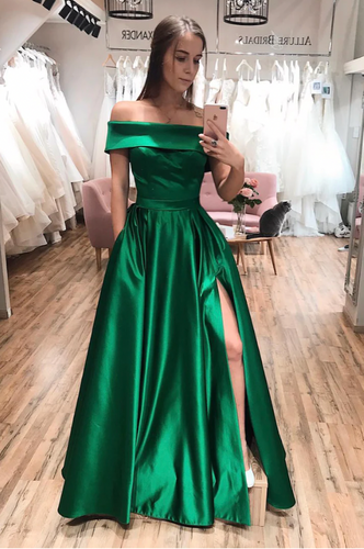 Bateau Green Prom Dresses Evening Gown Slit Side