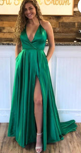 Halter Prom Dresses Slit Side with Pockets