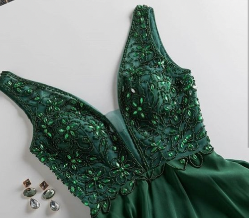 V Neck Prom Dresses Green Floor Length with Rhinestones