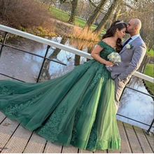 Load image into Gallery viewer, Green Off Shoulder Green Prom Dresses Princess Gown